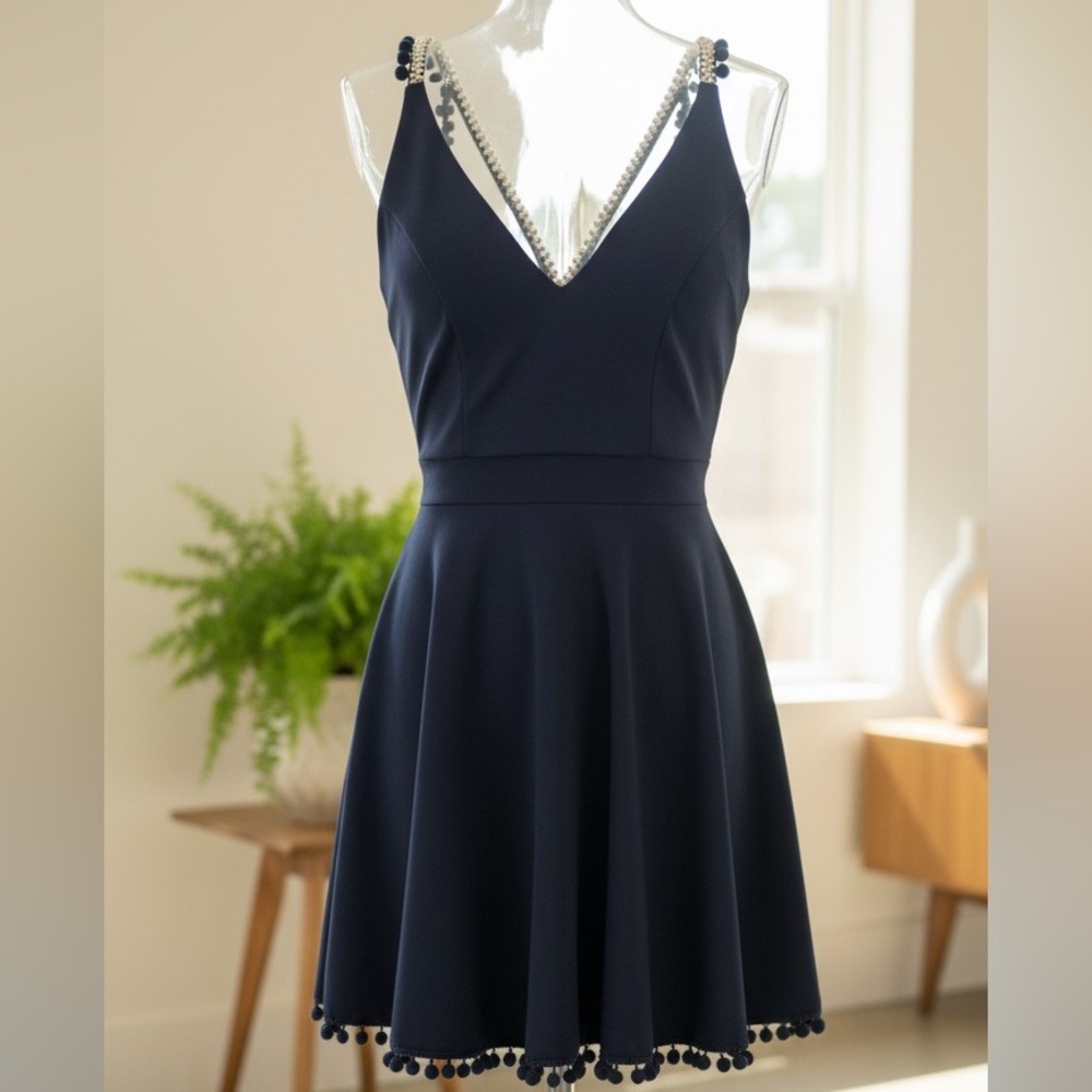 💙 a'gaci Navy Blue Pompom Trim Dress